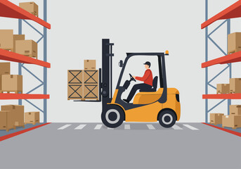 Forklift operator moves boxes in a warehouse. Bright, clean scene depicts logistics and supply chain management. Ideal for business and industrial concepts.