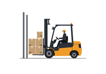 Forklift operator moves boxes in a warehouse. Clean, flat vector illustration. Ideal for logistics, shipping, and industrial concepts. Simple, modern design.