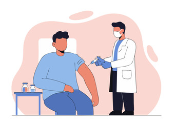 A healthcare worker administers a vaccine to a patient. Clean, modern illustration depicts a medical procedure with a focus on safety and care. Suitable for health campaigns.