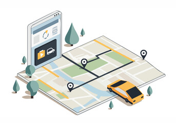 Isometric illustration shows a delivery route on a map with a car icon. Ideal for logistics, navigation, and transportation concepts. Clean, modern design.