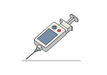 Isometric illustration of a futuristic medical device resembling a smartphone with a syringe. Clean, modern design, suitable for healthcare and technology concepts.