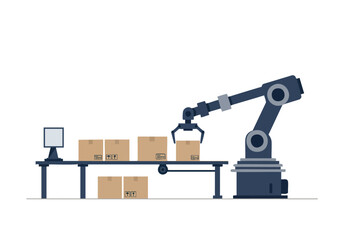 A robotic arm sorts packages on a conveyor belt in a modern factory setting. Ideal for illustrating automation, logistics, and industrial processes.