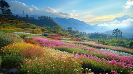 Colorful flower fields on terraced hills. Lush, vibrant landscape of various flower species in a mountainous area