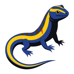 A sleek, dark lizard with vibrant yellow stripes along its back and a striking blue tail is positioned against a stark white background.