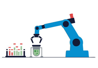 A robotic arm precisely picks up a test tube from a rack, placing it into a beaker. Clean, modern lab setting. Ideal for science, technology, and automation concepts.
