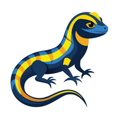 A sleek, dark lizard with vibrant yellow stripes along its back and a striking blue tail is positioned against a stark white background.