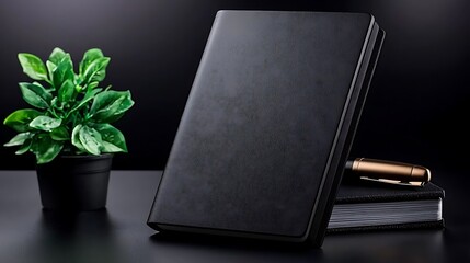 Elegant black notebook and pen on a sleek table with a decorative plant in the background