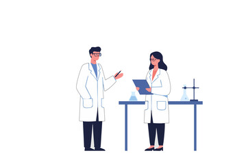 Two scientists in lab coats discuss research near a lab table. A clean, modern lab setting. Ideal for science, research, and healthcare concepts.