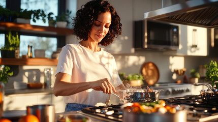 Culinary Artist at Work: A focused woman, clad in simple attire, diligently stirs a pot in a sun-drenched kitchen, her attention devoted to her culinary endeavor.