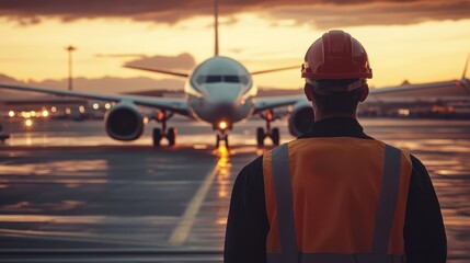 Airport engineer observing a plane ready for departure at dusk, embodying modern aviation