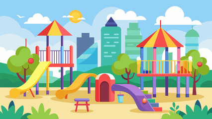 Fototapeta premium A bustling playground area complete with colorful jungle gyms and slides has been added to the city park bringing laughter and excitement to children. Vector illustration