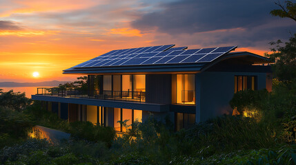 Fototapeta premium Solar panel house at sunset eco friendly home energy efficient design