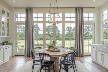 Fototapeta premium Cozy dining room with round wooden table, black chairs, grey curtains, marble countertop, and bright natural light, offering a view to the backyard.