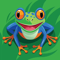 A wide-eyed, vibrant green frog with orange feet and blue markings stretches its mouth open while perched on textured green moss against a blurred green backdrop.