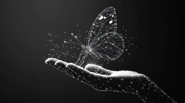 Digital butterfly hand dark background, transformation concept