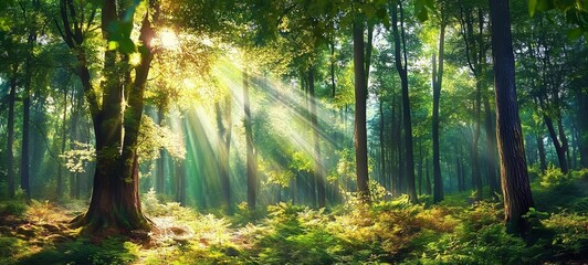 Obraz premium Beautiful sunlit forest with tall trees and green foliage, sunlight filtering through the canopy in a serene nature landscape