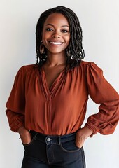Portrait of a smiling Black woman with braided hairstyle in rust blouse and jeans, isolated on white background, confident young female looking at camera for diversity or lifestyle concept 