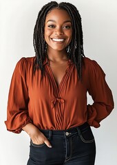 Portrait of a smiling Black woman with braided hairstyle in rust blouse and jeans, isolated on white background, confident young female looking at camera for diversity or lifestyle concept 