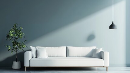 Minimalist living room, white sofa, blue wall, sunlight, plant, interior design mockup