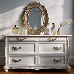 シャビーな白木の質感に魅せられるドレッサーと、静かに並んだ香水瓶が語る、時間のレイヤーを感じさせるシーン。

