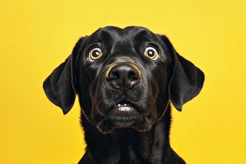 Fototapeta premium Black dog with expressive eyes against vibrant yellow background displaying curiosity and surprise
