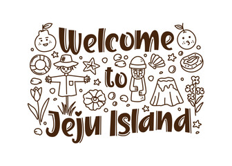 Welcome to Jeju Island typography with cute doodle background