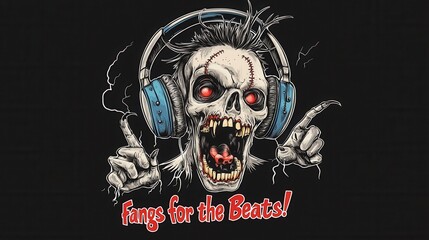 Fototapeta premium Skull with Headphones and Vibrant Sound Effects