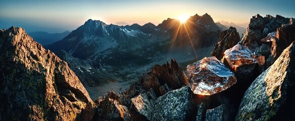 Naklejka premium Panoramic sunrise view of Tatra Mountains in summer, aerial landscape with rocky peaks and golden light on the right, National Geographic style