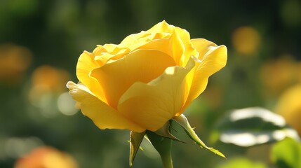 Sunlit yellow rose blooms in garden, bokeh background, greeting card
