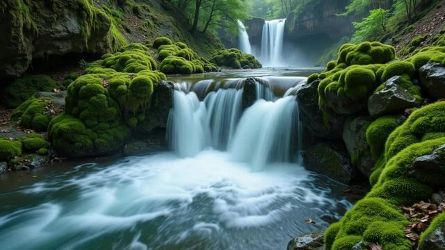 The beautiful cascade of water flows over the rocks in the green forest of Thailand's natural jungle