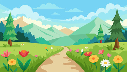 Fototapeta premium A peaceful meadow filled with wildflowers where you can take a virtual walk and use all your senses to connect with nature and ease your mind.. Vector illustration