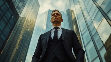 A confident businessman stands tall in a modern urban landscape, showcasing determination and success against reflective skyscrapers.