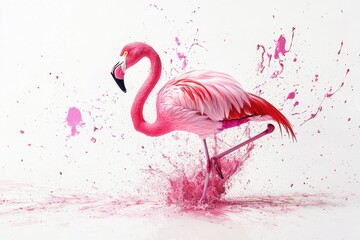 Vibrant Pink Flamingo with Artistic Splash of Color on White Background