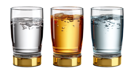 Two gold glasses of champagne, an alcoholic beverage, isolated on a white background for a celebratory drink