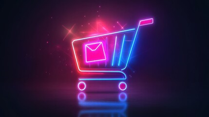Neon shopping cart email marketing concept, dark background, digital promotion