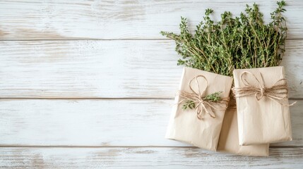 Fototapeta premium Fresh Herbs in Wrapped Packages on Wooden Surface with Twine
