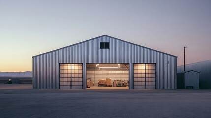 Fototapeta premium Open Warehouse Doors at Dusk with Interior Lights Glowing