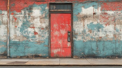 Naklejka premium Urban brick facade with weathered paint and a vibrant red door.