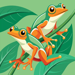 Two Wallace's flying frogs with vibrant green backs, orange flanks, and webbed feet cling to a slender green branch against a blurred leafy background.
