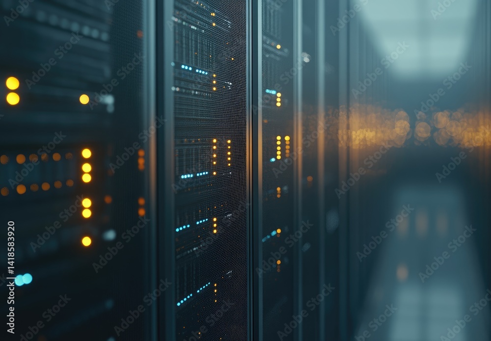 Poster Close-up view of server racks in a dimly lit corridor with glowing orange and blue lights. Ideal for cybersecurity, network hardware, and modern data center visuals