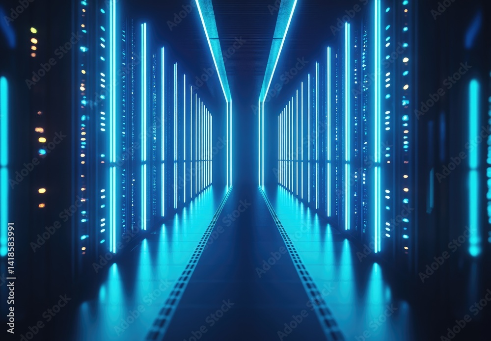 Aufkleber symmetrical server hallway with glowing vertical blue lights and high-tech ambiance. perfect for ai,