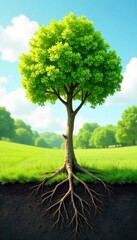 Obraz premium Newborn trees growing tall in sunny meadow with roots visible above ground , tree, foliage
