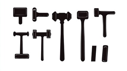 Fototapeta premium Black silhouette various hammers tools white background workshop