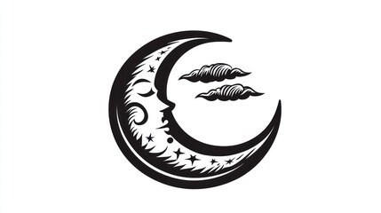 Obraz premium Sleeping crescent moon, stars, clouds; night sky; mystical design; tattoo art
