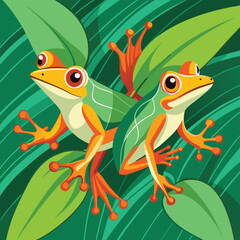 Two Wallace's flying frogs with vibrant green backs, orange flanks, and webbed feet cling to a slender green branch against a blurred leafy background.