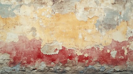 Aged, weathered stucco wall with peeling paint reveals layers of color.