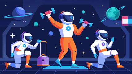 A team of astronauts performing strength and cardio exercises in a virtual space station supervised and encouraged by their AI personal trainer to. Vector illustration