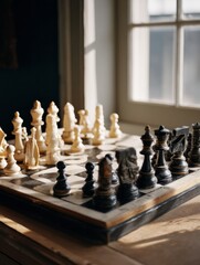 Chess Board with American Historical Figures as Pieces, Set on a Wooden Table with Natural Daylight