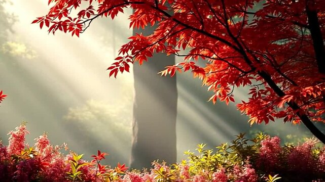 Serene Forest with Golden Sunlight and Mist, Soft Pink Flowers and Red Maple Leaves