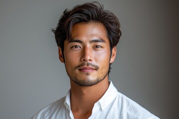 Fototapeta premium Close-up portrait of a young man with dark hair and a goatee, wearing a white shirt against a neutral background